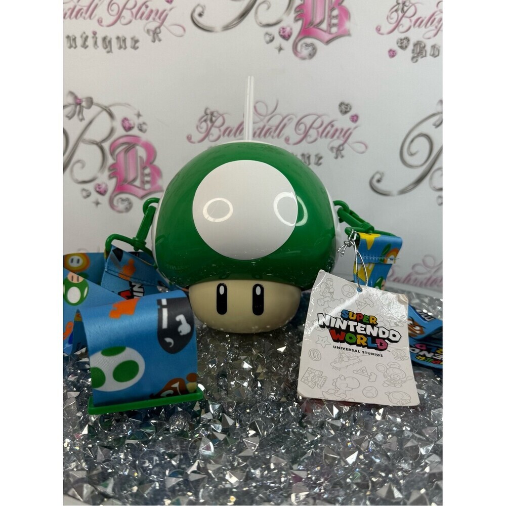 Super Nintendo World 1-Up Mushroom Cup with Strap - Green & White new
